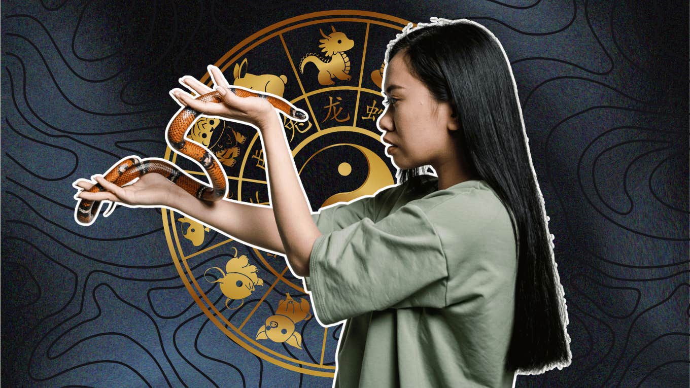 woman holding snake with chinese zodiac signs lucky year snake 2025