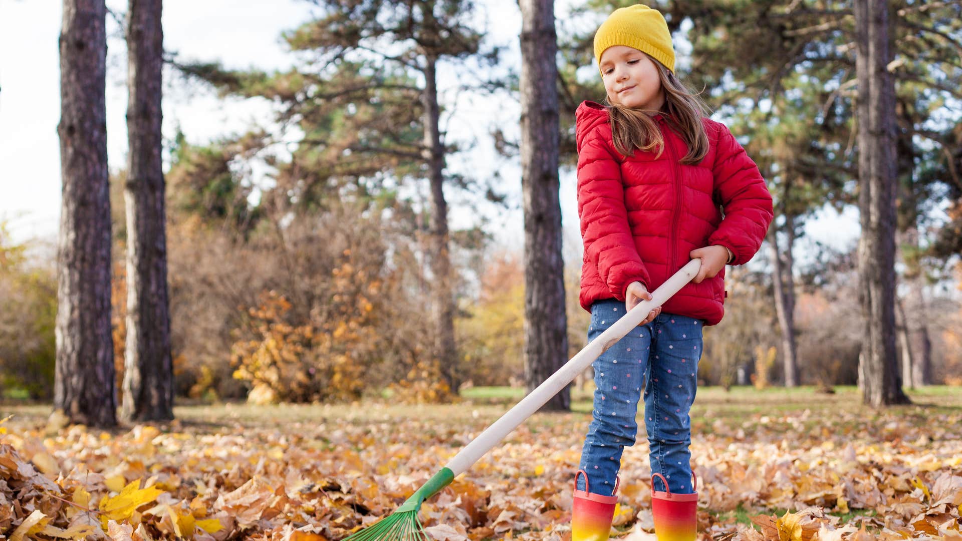 Little girl raking leaves outside