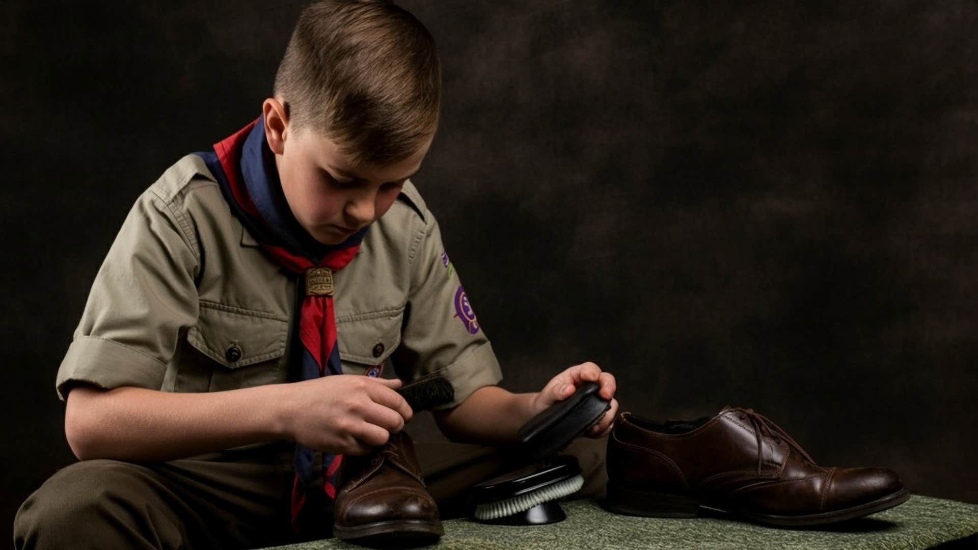 Little boy polishing shoes