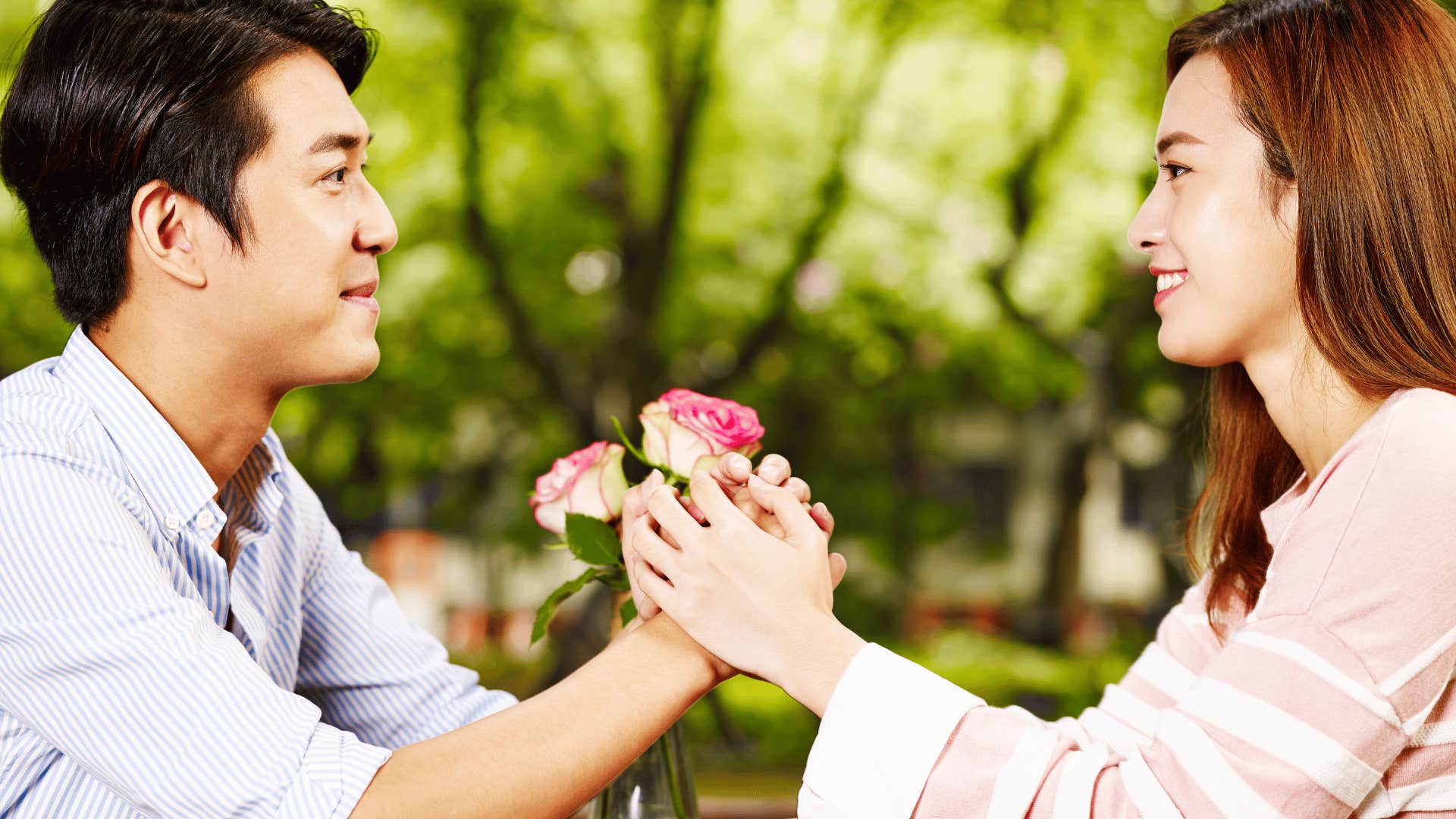 couple making eye contact on date