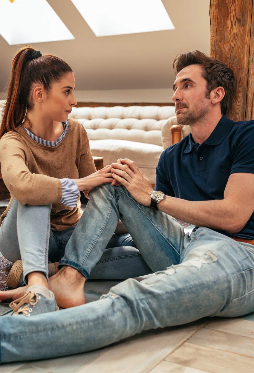 Couple having a serious conversation without arguing or using "should"