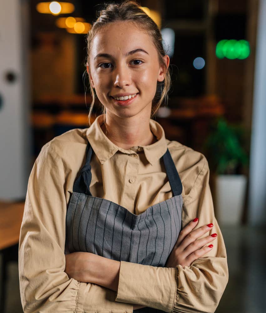 Bartender happy with her manager