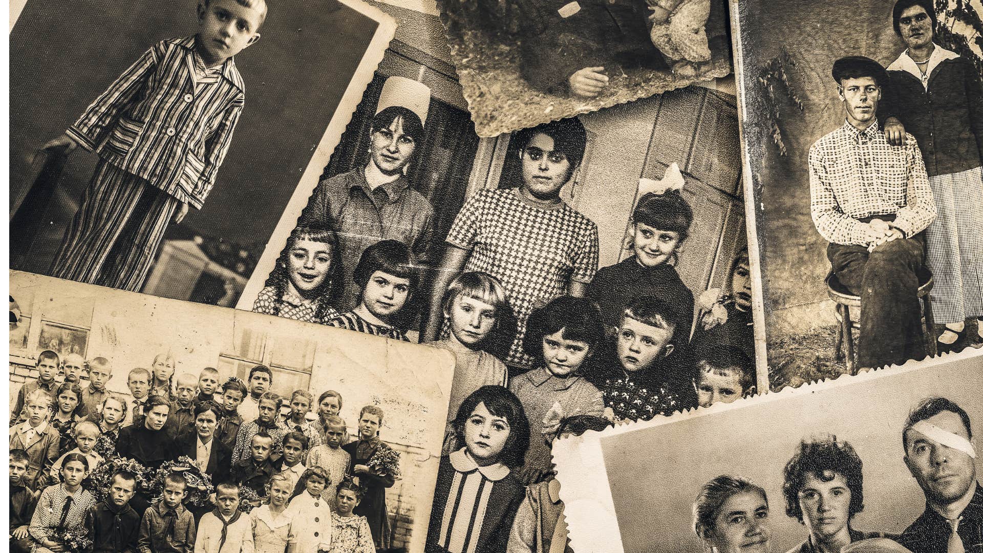 A display of sepia tone vintage family photos