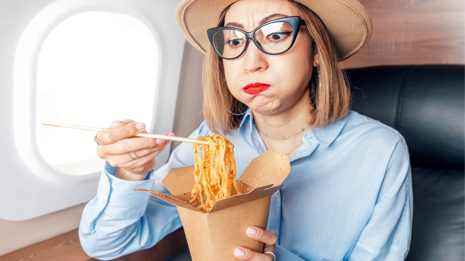 Woman, eating, spoiled, food, plane