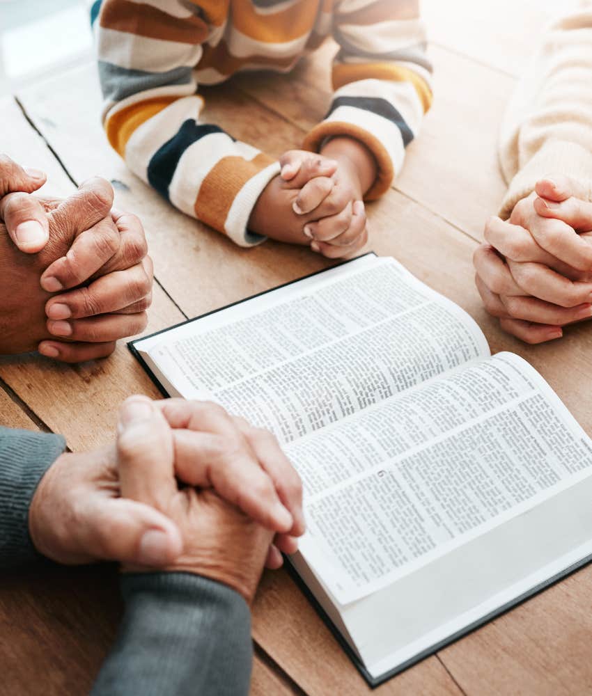 Bible, reading book or hands of big family praying for support or hope in Christian home for worship together.