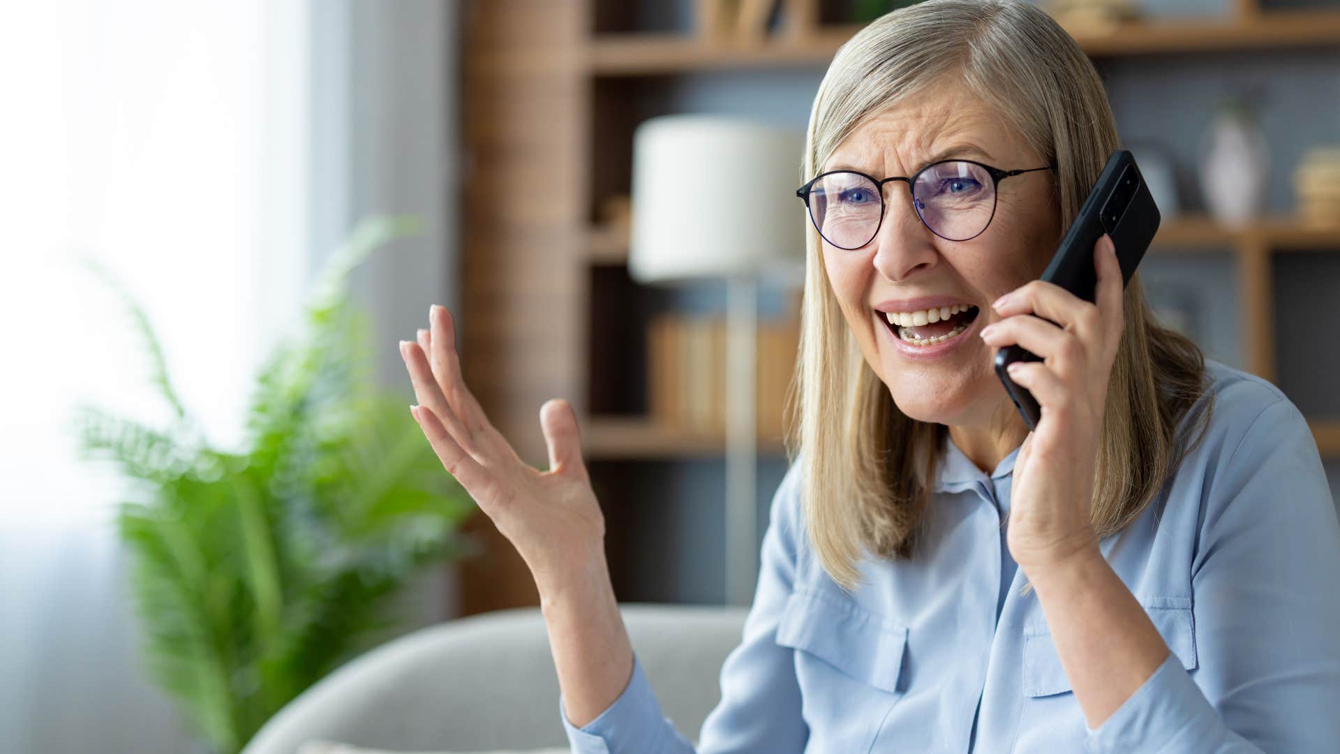 older woman yelling on the phone