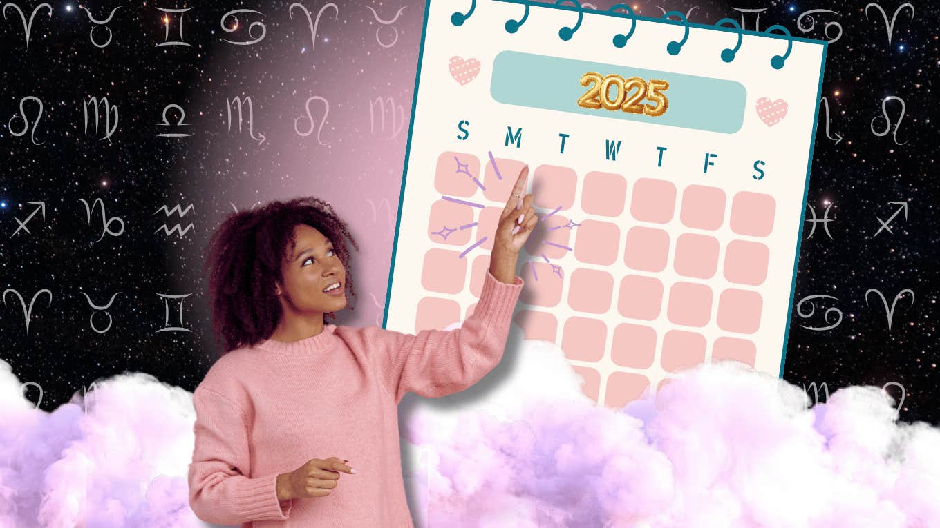 woman pointing at calendar of luckiest days career opportunities first half 2025 astrology