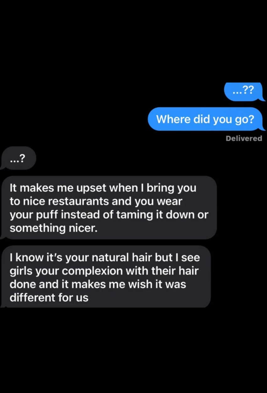 text from man explaining why he ditched his girlfriend at a restaurant because of her hair