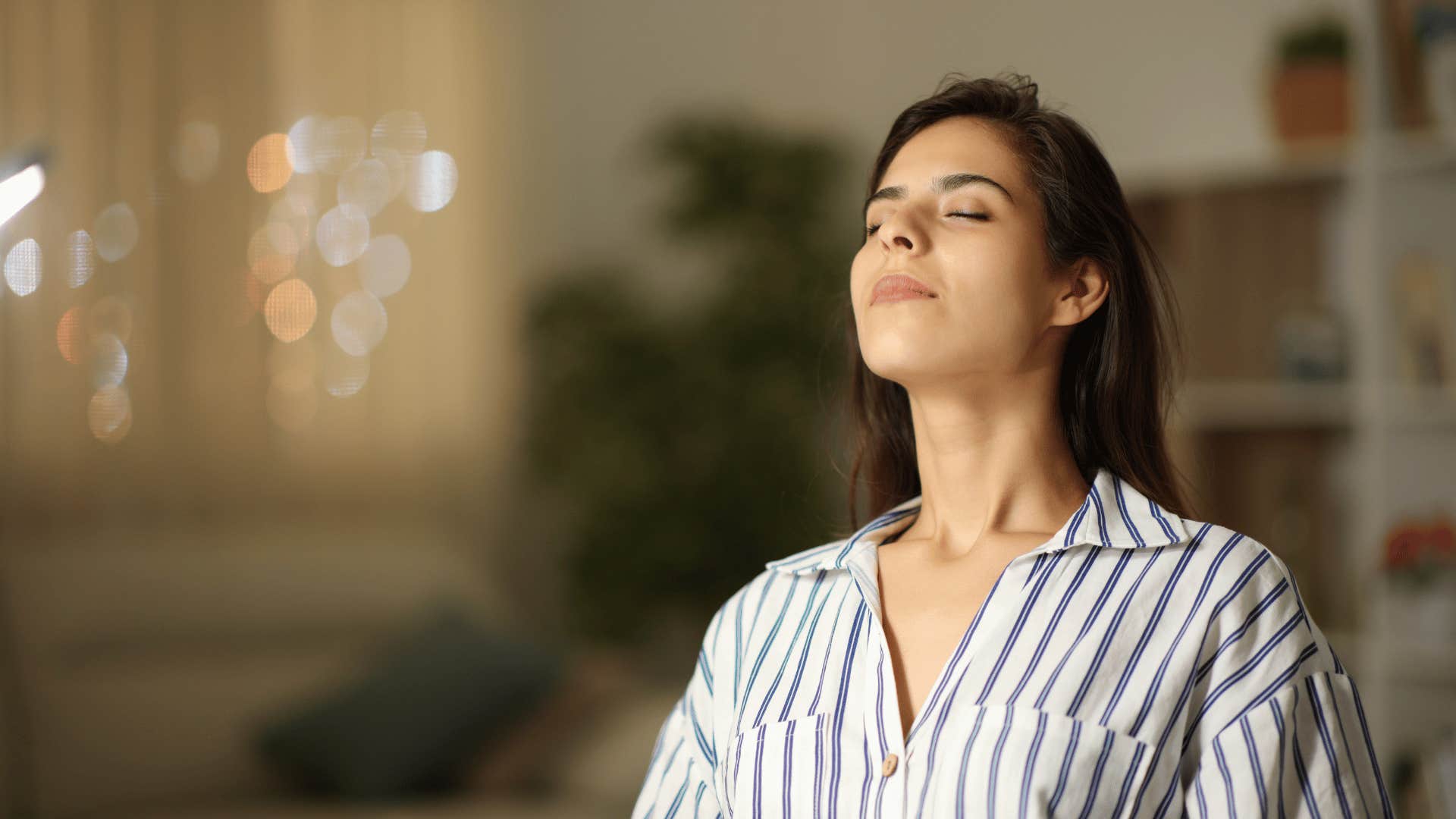 calm woman breathing in