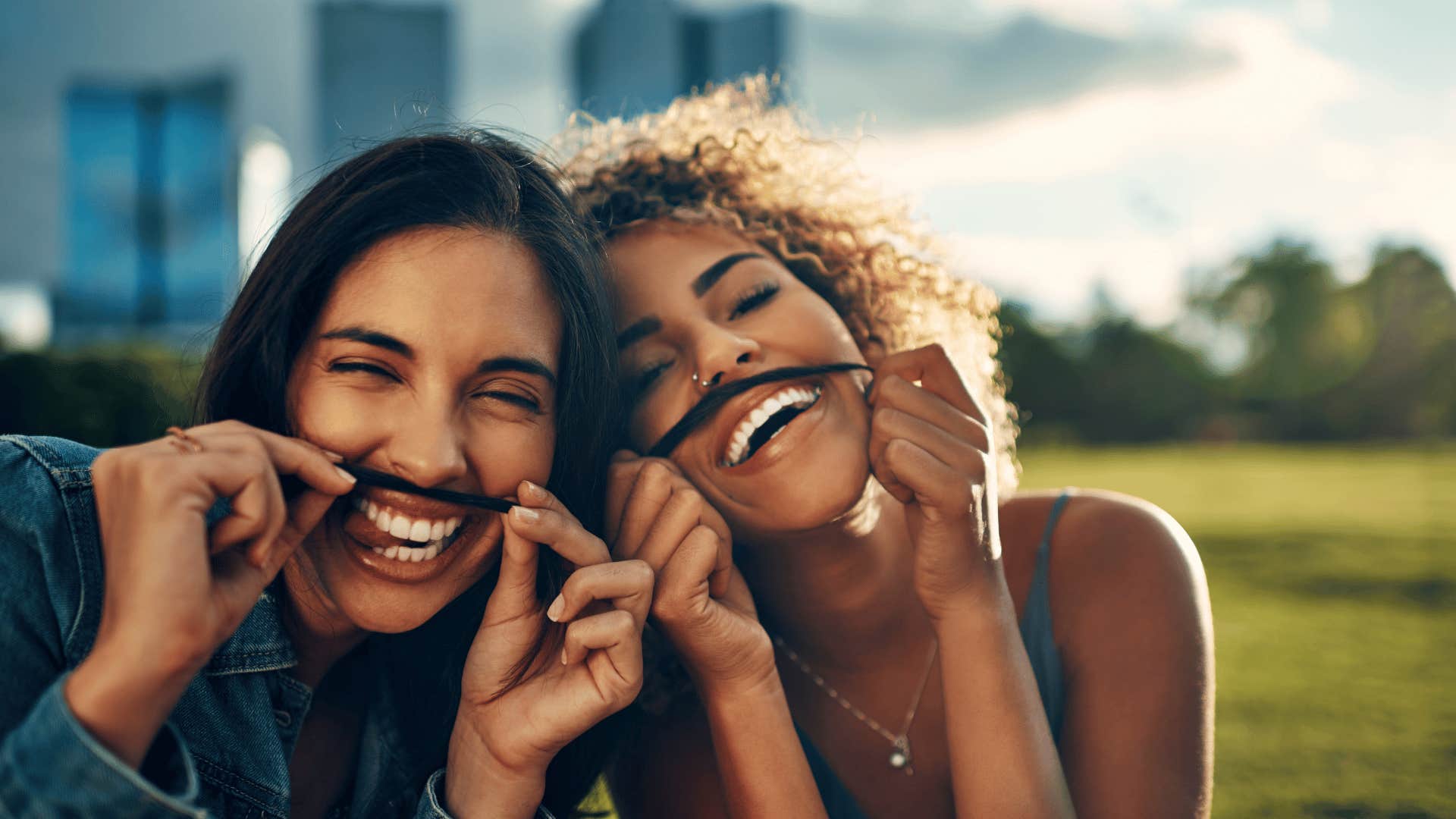 woman using hair as mustache