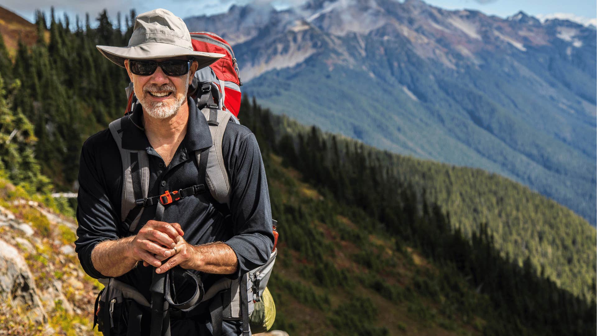 Mindful man hikes in nature