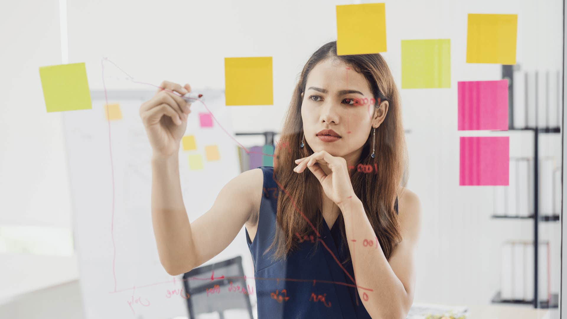 ambitious and motivated woman marking post-it notes