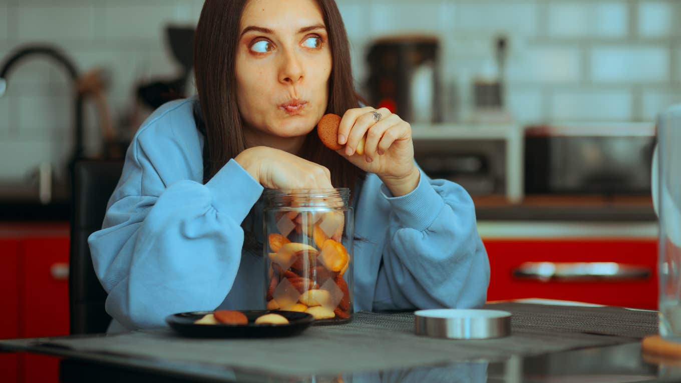 Woman, cooking, jar, greedy