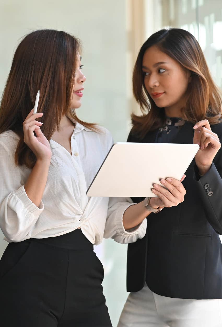 two co-workers talking about workplace boundaries