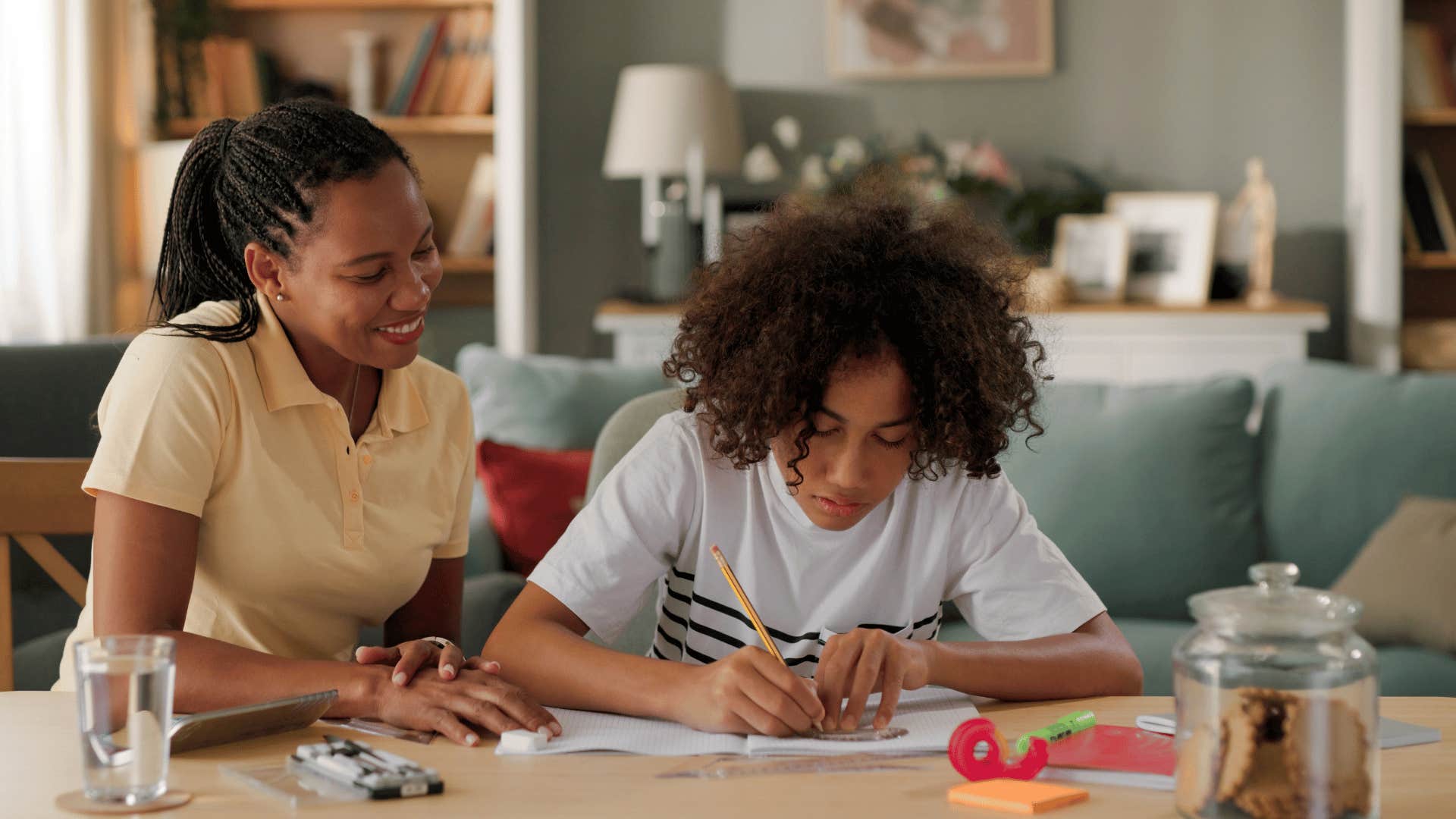 mom helping son with homework