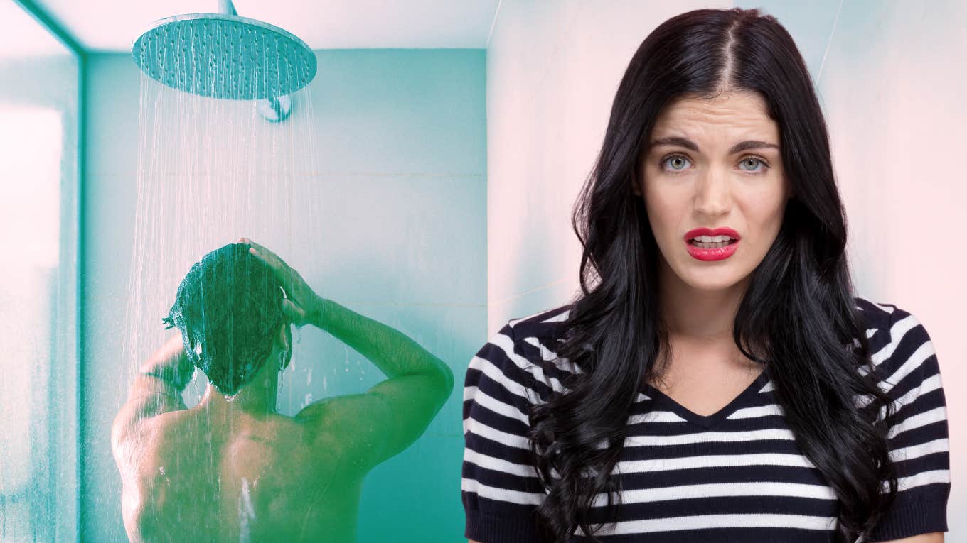 Woman who is shocked by her husband's shower routine