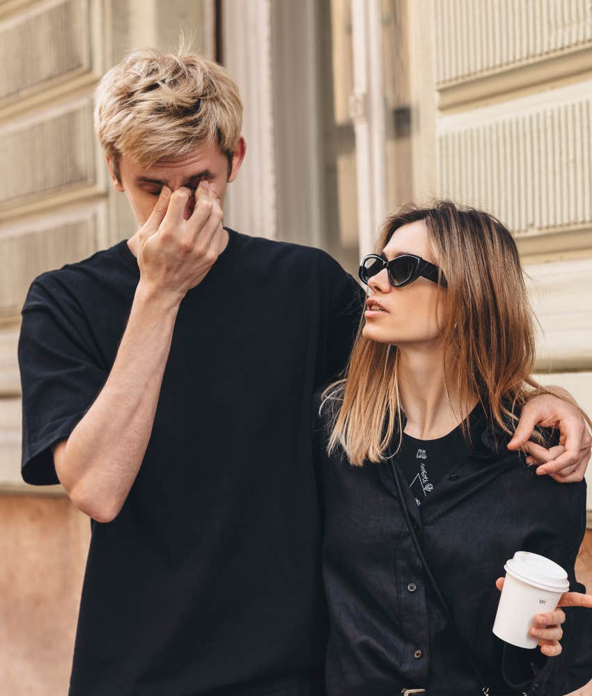 Couple walking, man sad because woman will become better after divorce