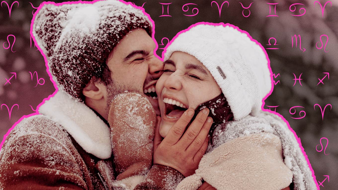 happy couple in the snow with zodiac signs weekly love horoscope february 3-9, 2025