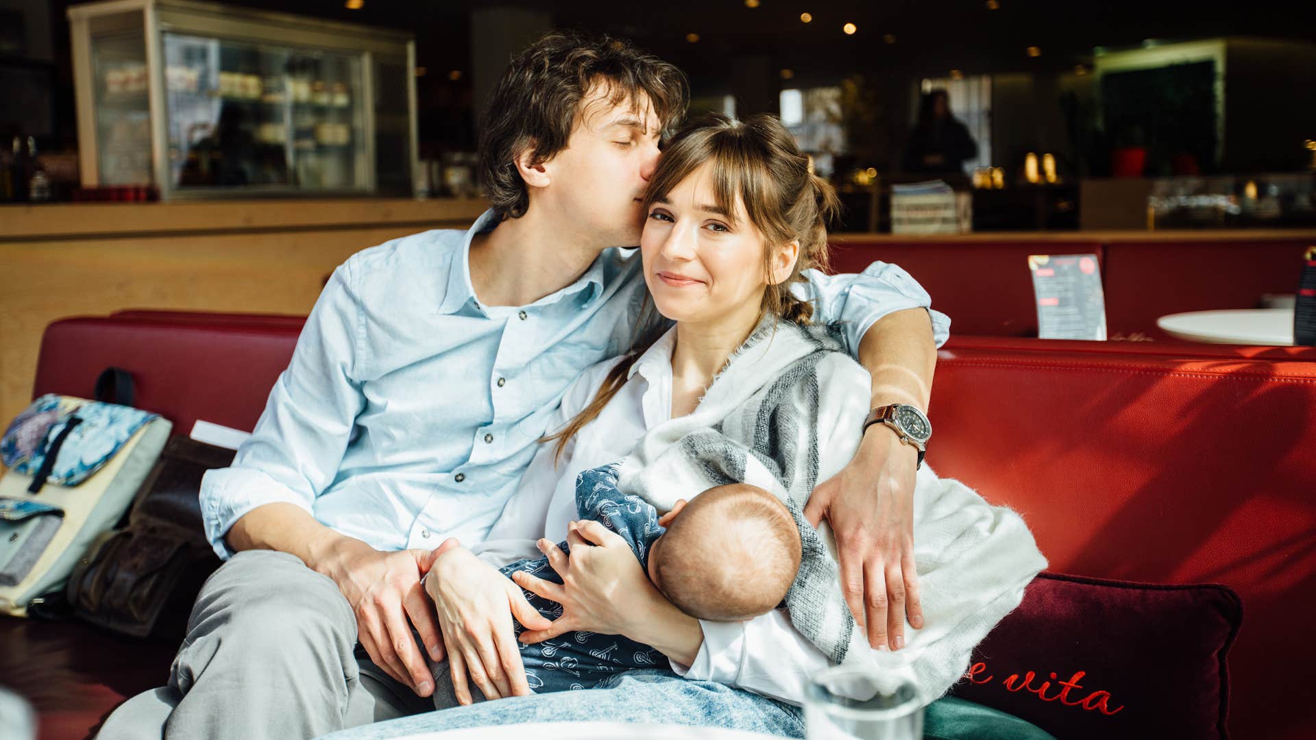 dad and cute newborn boy two month old