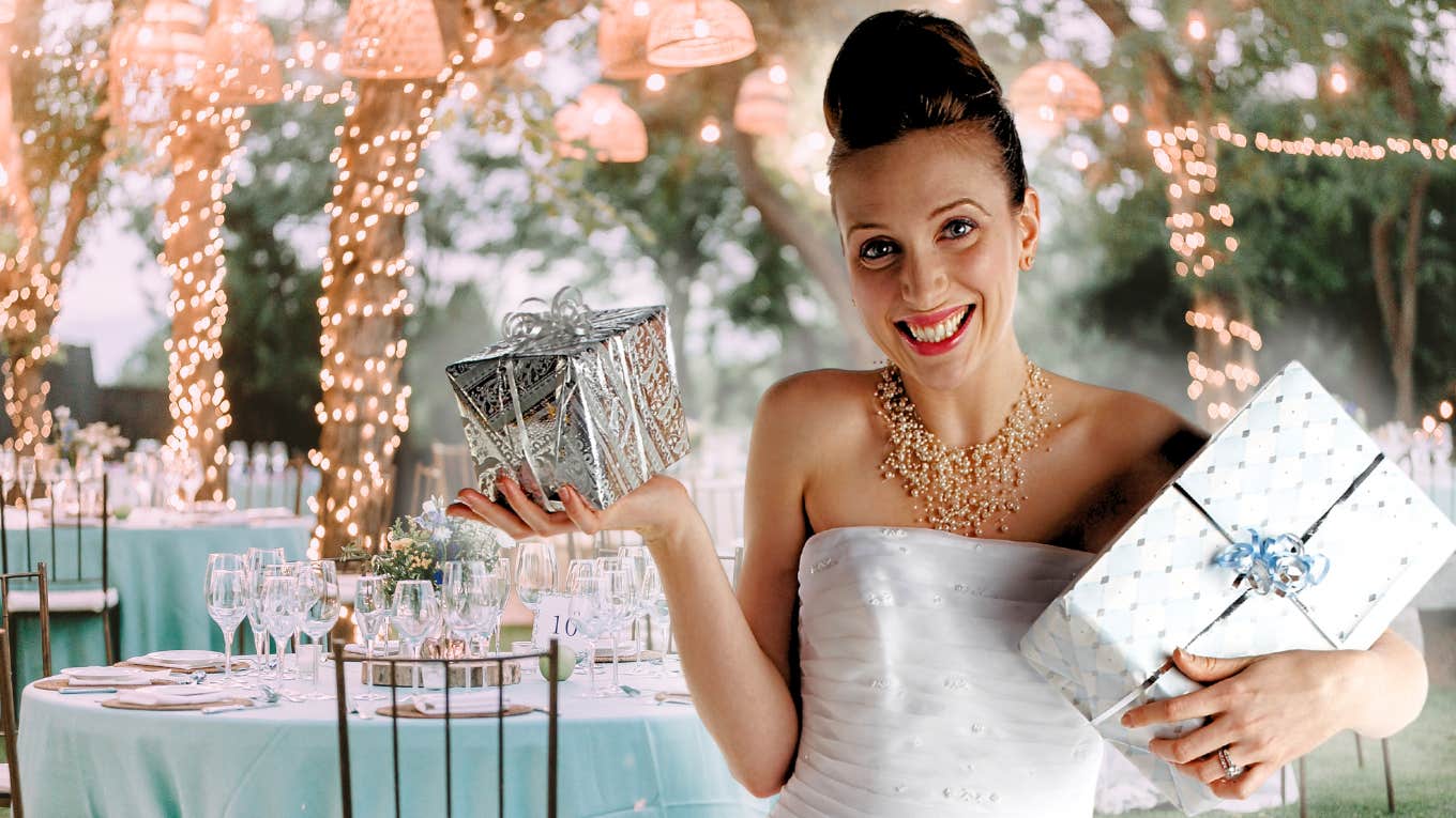 Bride with wedding gifts