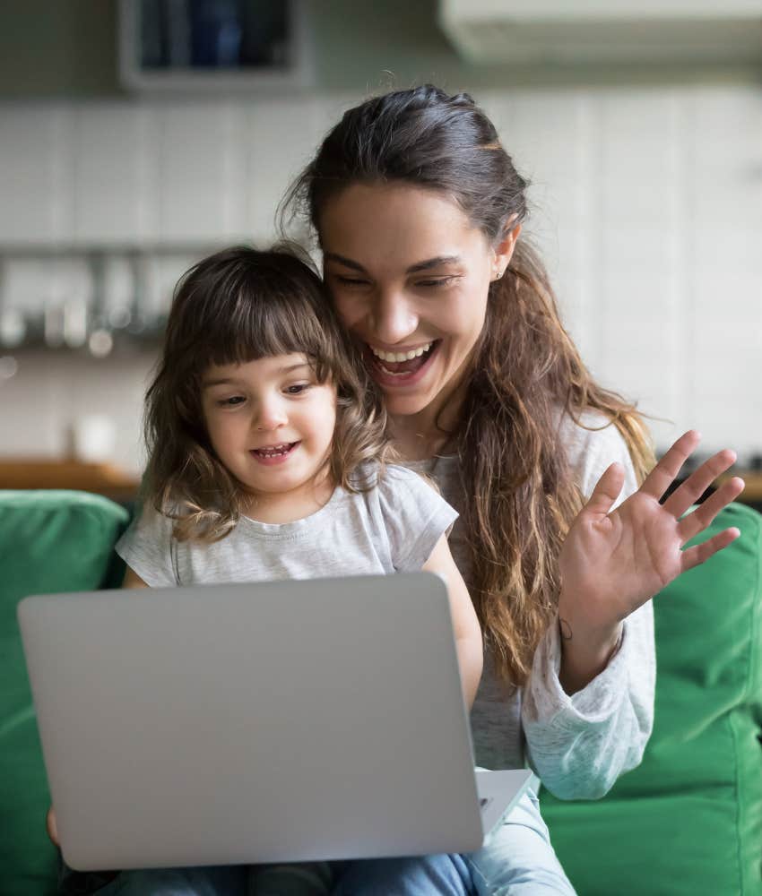 mother and daughter video call on laptop