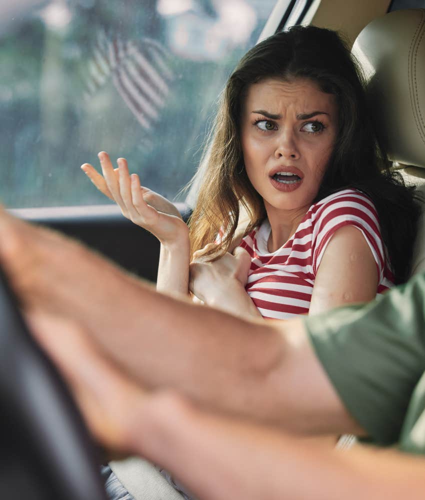 Couple fighting in car believing relationship rules say happy couples don't fight