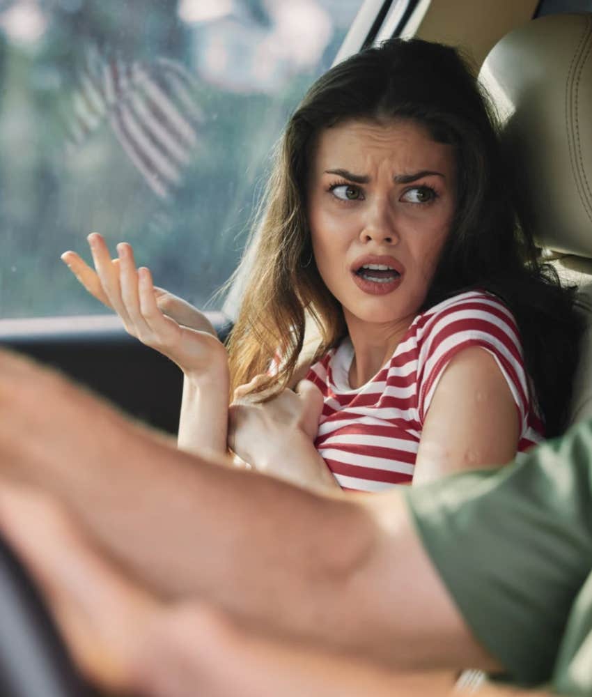 Woman frustrated in car with partner trying to keep faithful and radical honest