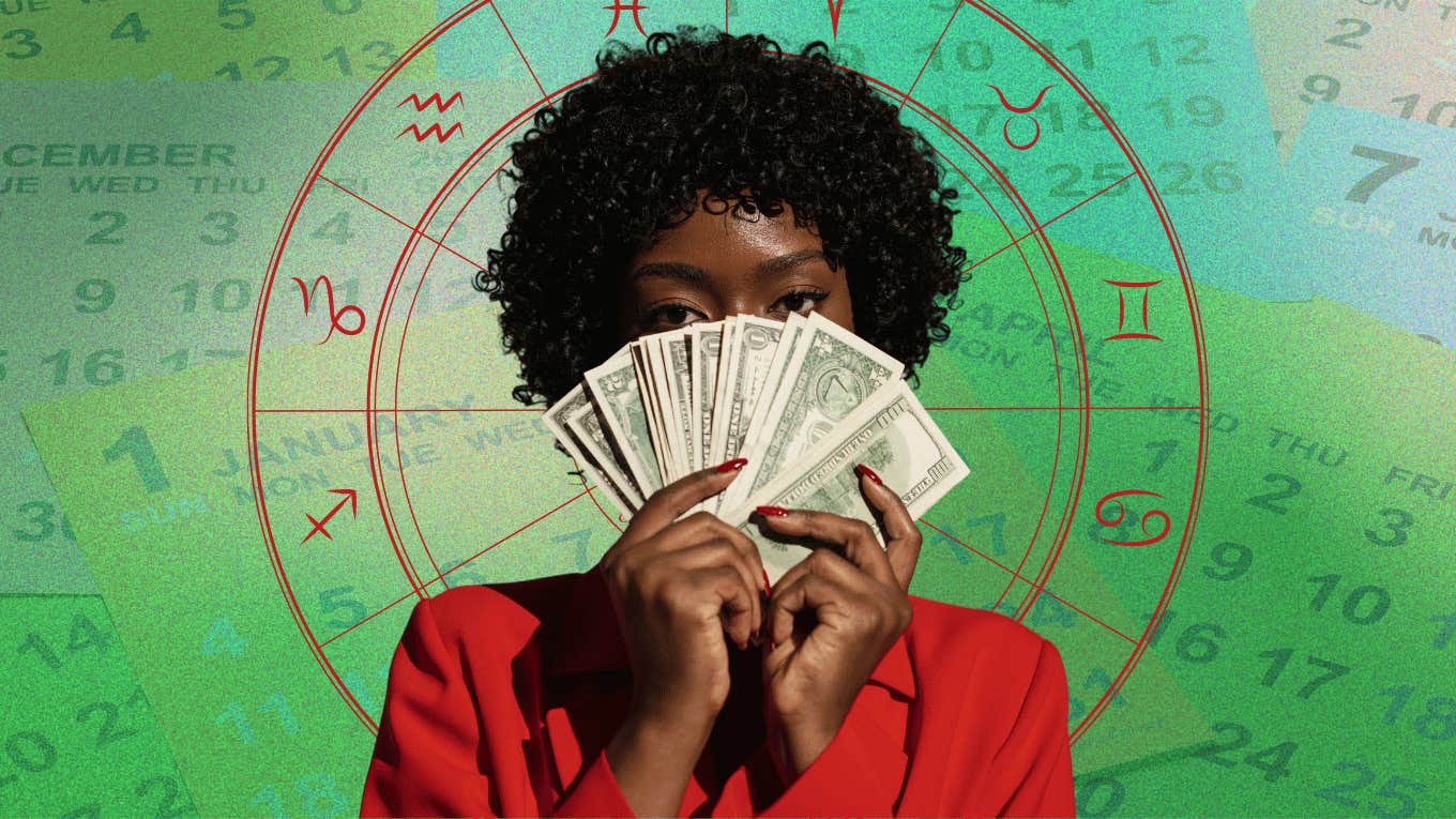 woman holding cash with zodiac signs lucky months financial success 2025