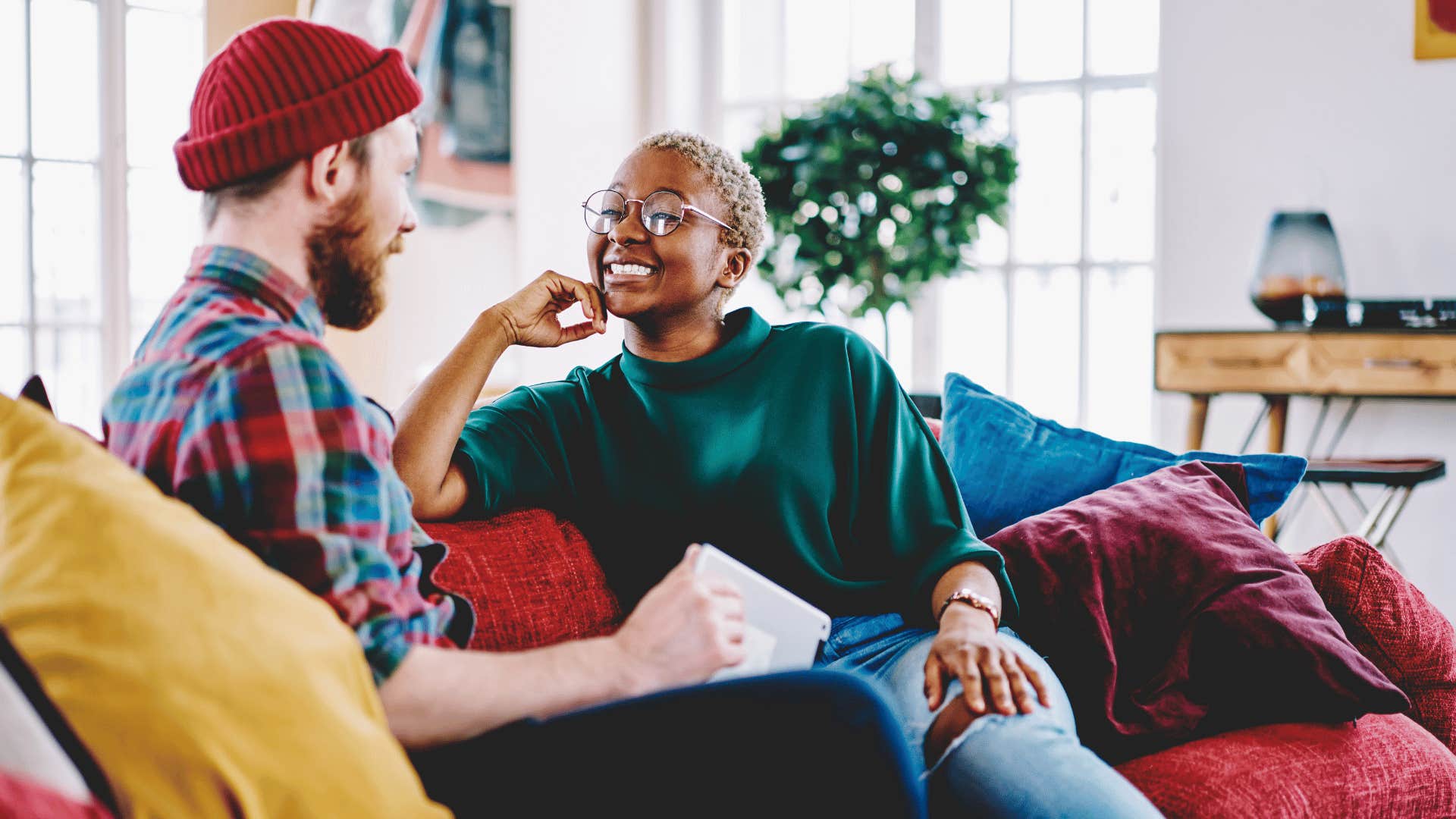 Two people engage in friendly conversation