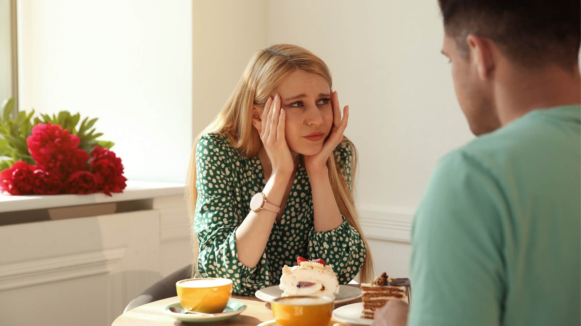 Woman, desperate, man, drinking, coffee