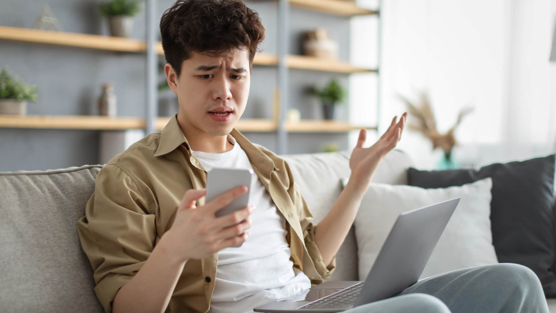 offended young man reacting to joke