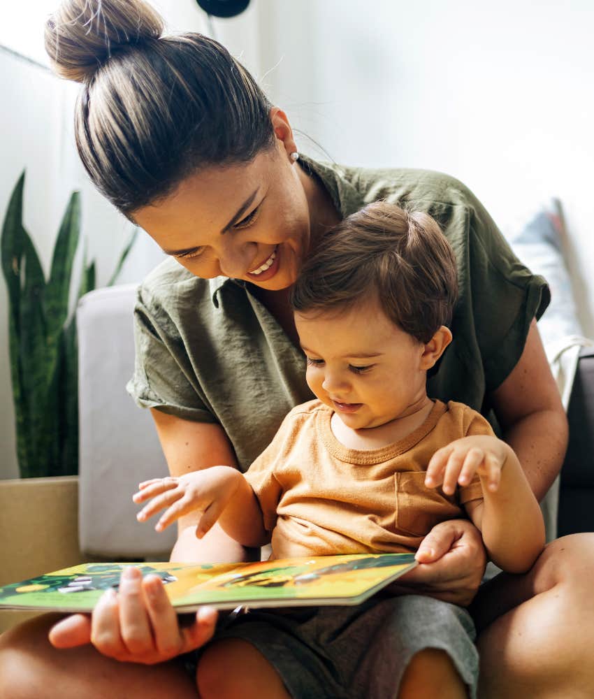 mother reading son book