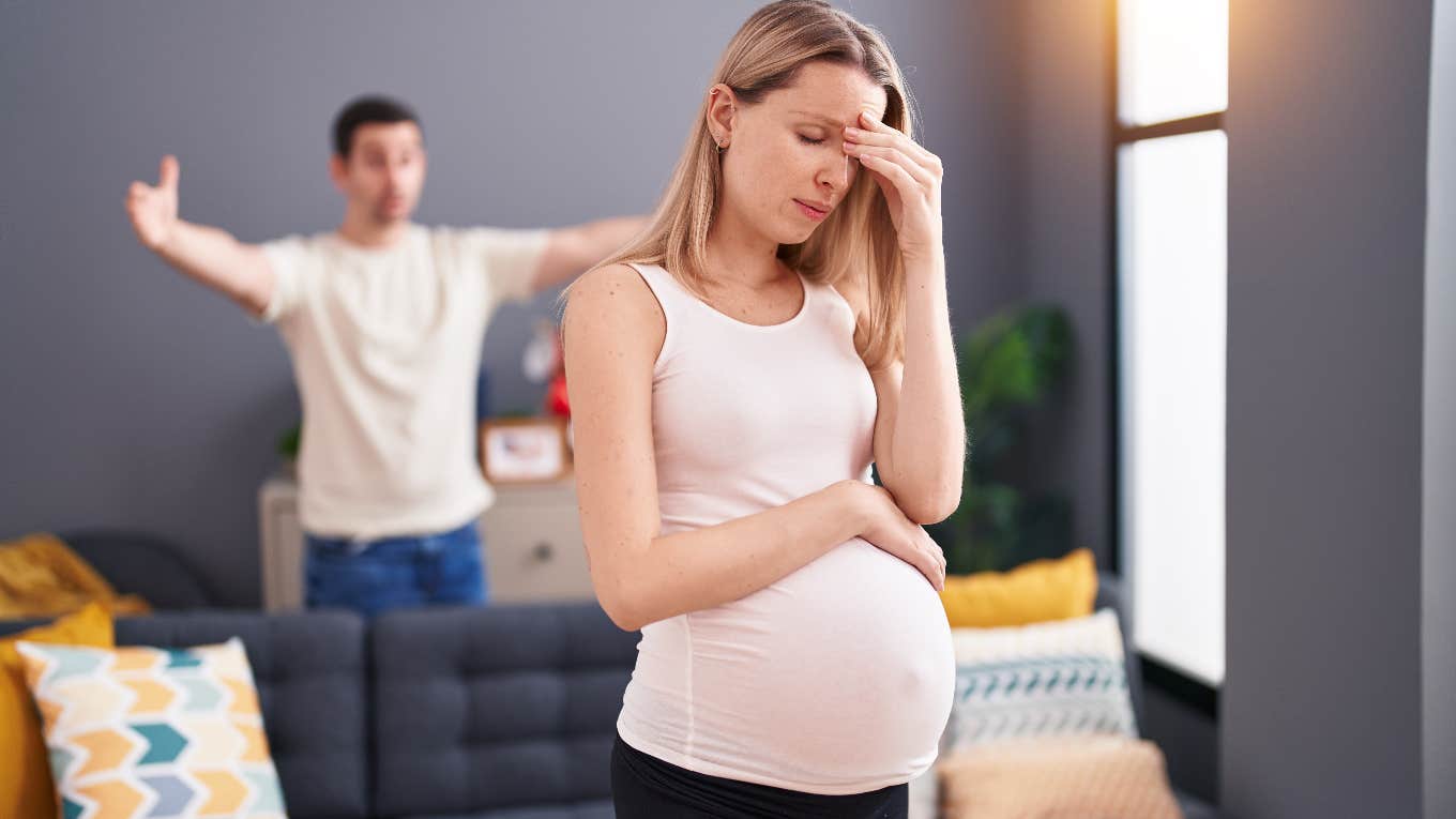 Pregnant woman annoyed with her husband's childish behavior