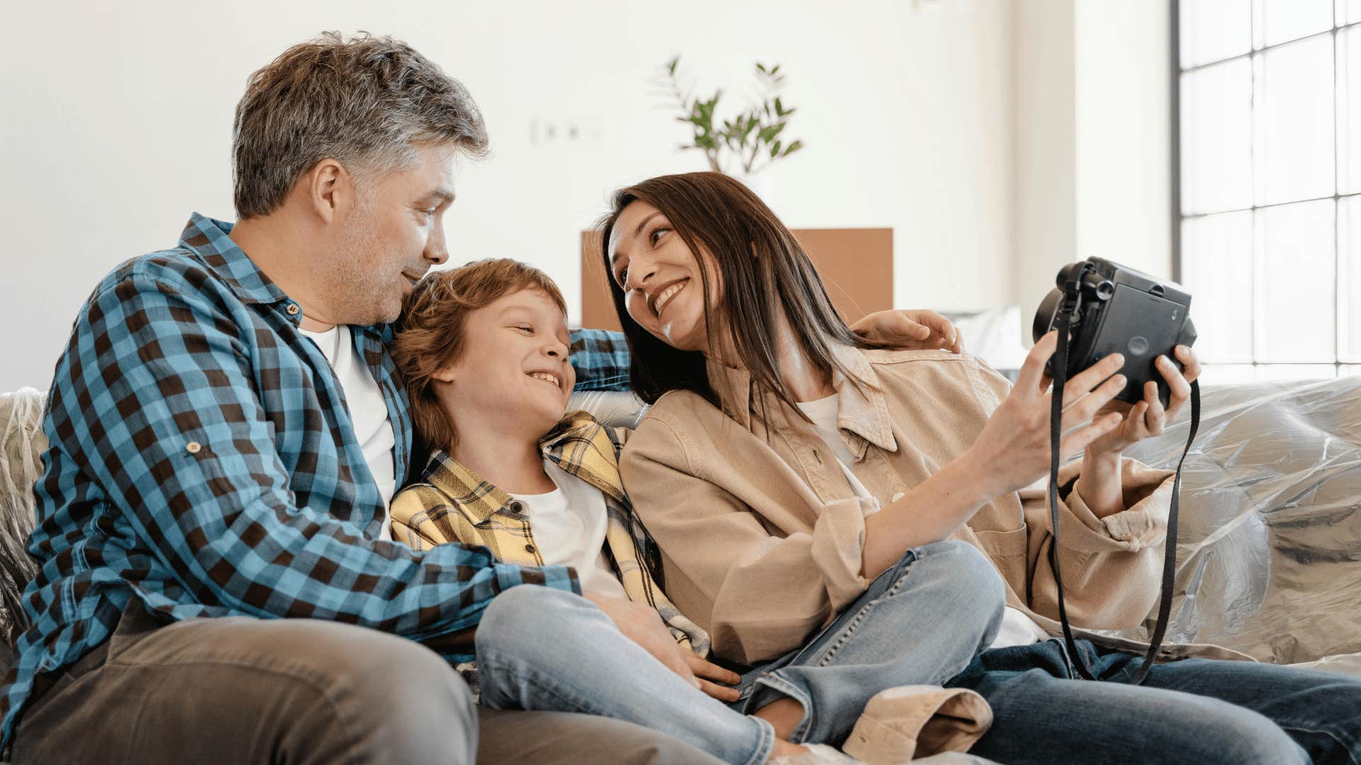 happy family on couch