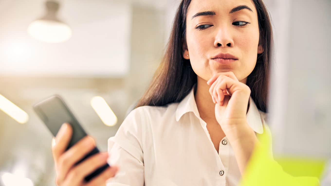 Woman suspicious that she can't trust someone. 