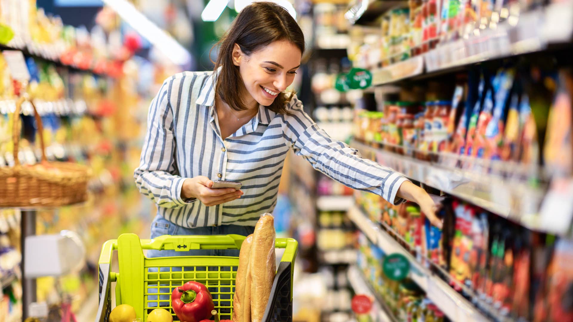 Woman experiencing lifestyle creep buying name brand groceries