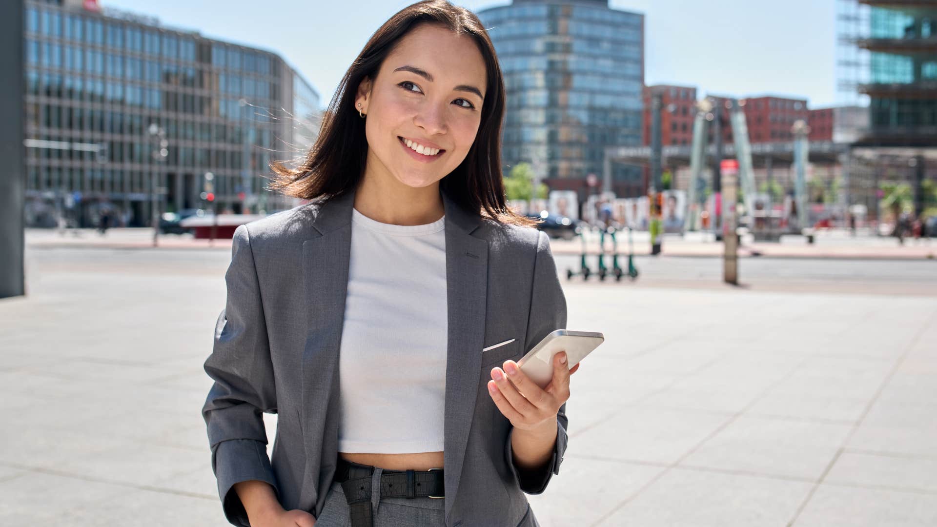 smiling woman walking slowly