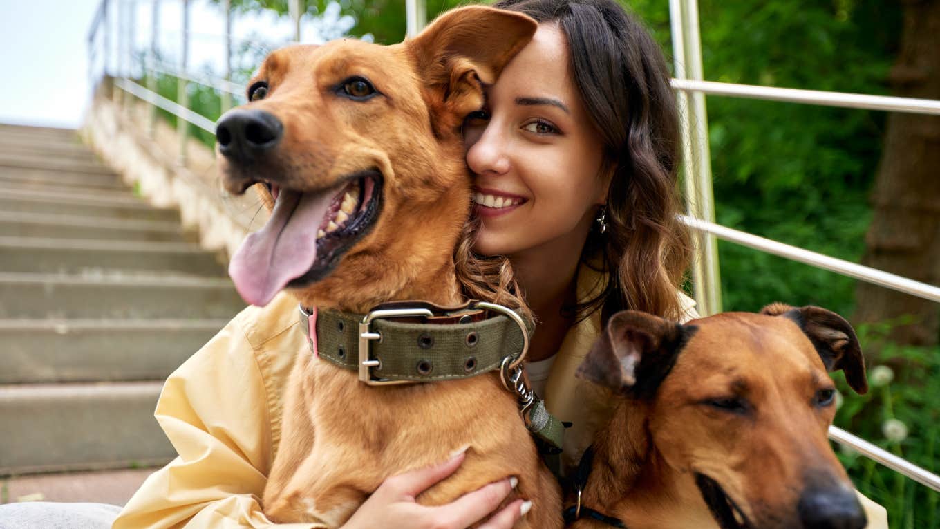 Young charming smiling girl is resting while walking in the park with two golden dogs.