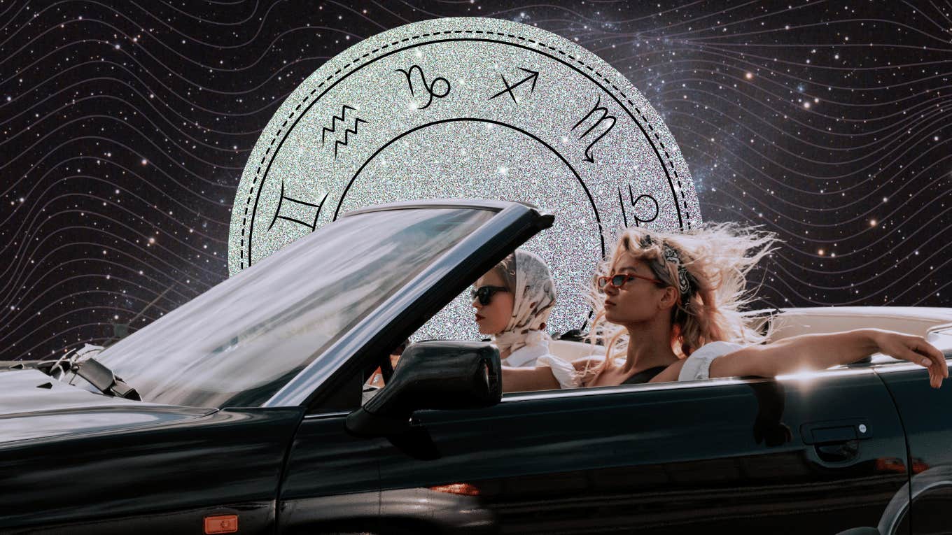 two girls driving car in space with zodiac signs weekly horoscope february 10-16, 2025