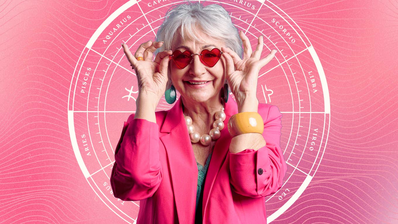 older woman wearing heart glasses zodiac signs weekly love horoscope february 10 - 16, 2025