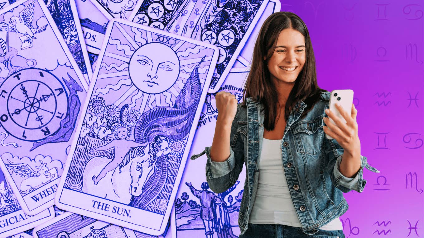 excited woman looking at phone tarot cards horoscope february 10-16, 2025