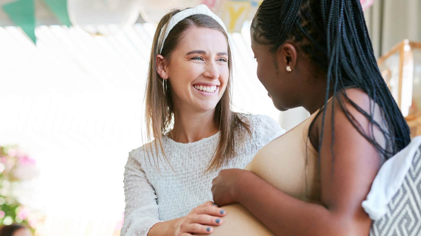 Two women at baby shower will stay best friends after one has a baby 