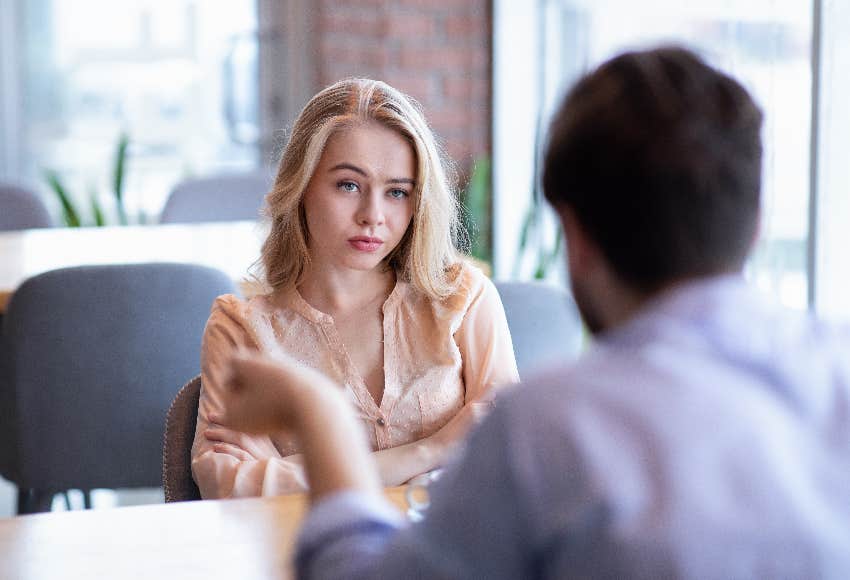 upset woman on date