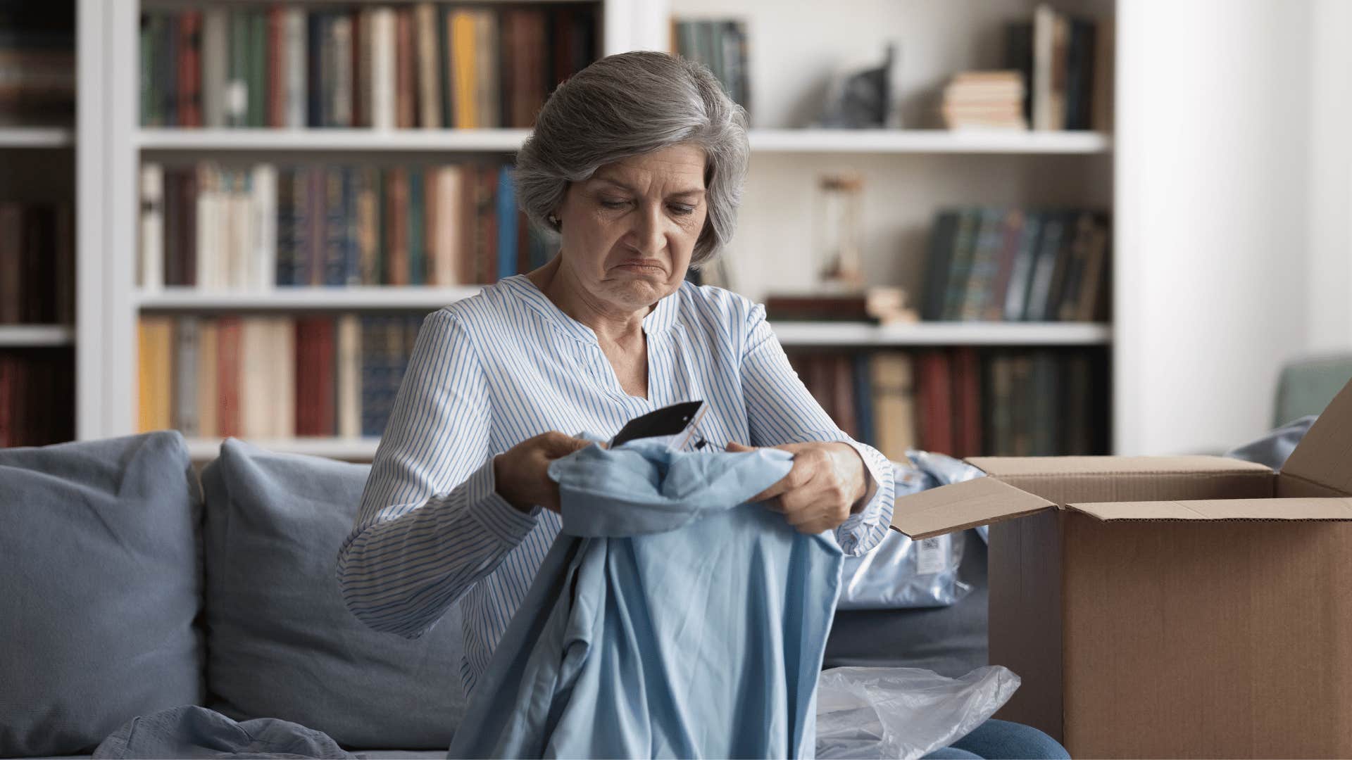 boomer complains while staring at clothes