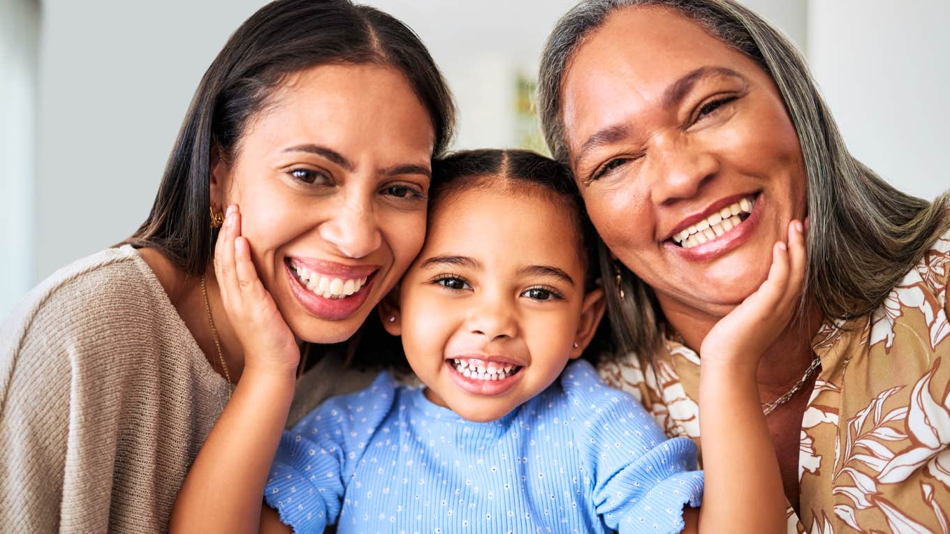 Millennial parent with her daughter, and Boomer mother. 