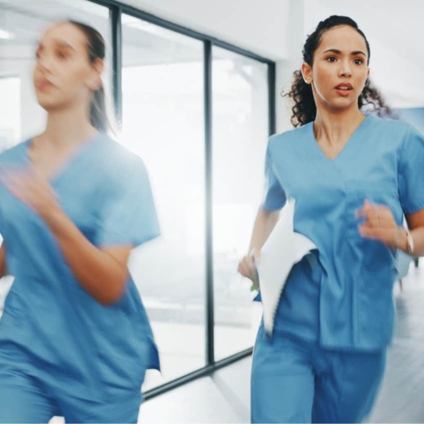 doctors running through hospital hallway