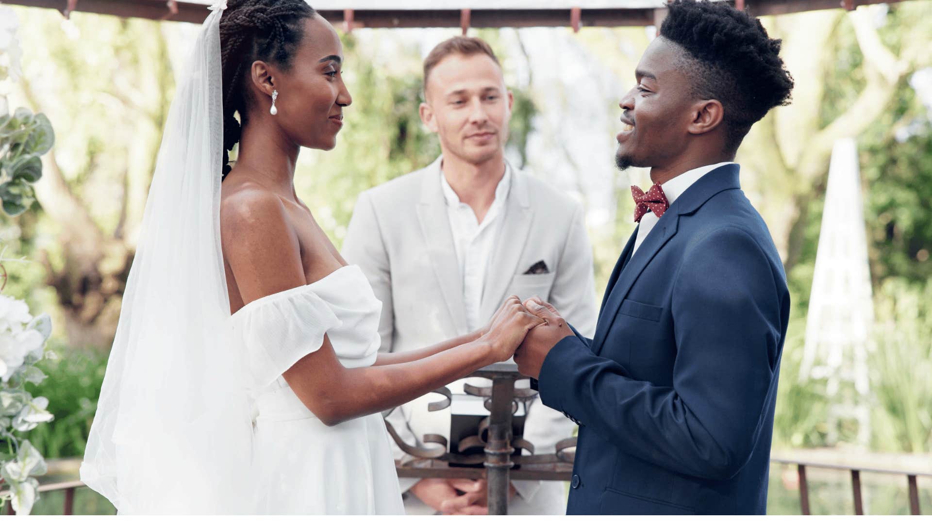 Bride and groom exchange wedding vows at simple wedding