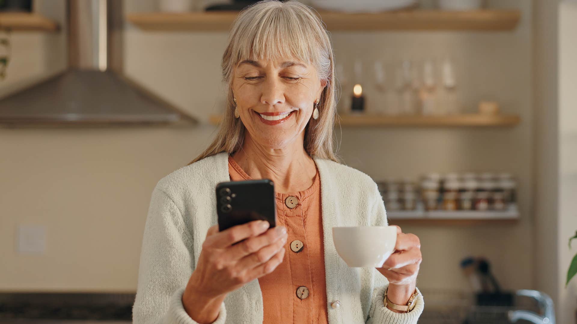 boomer woman starting her day early with coffee