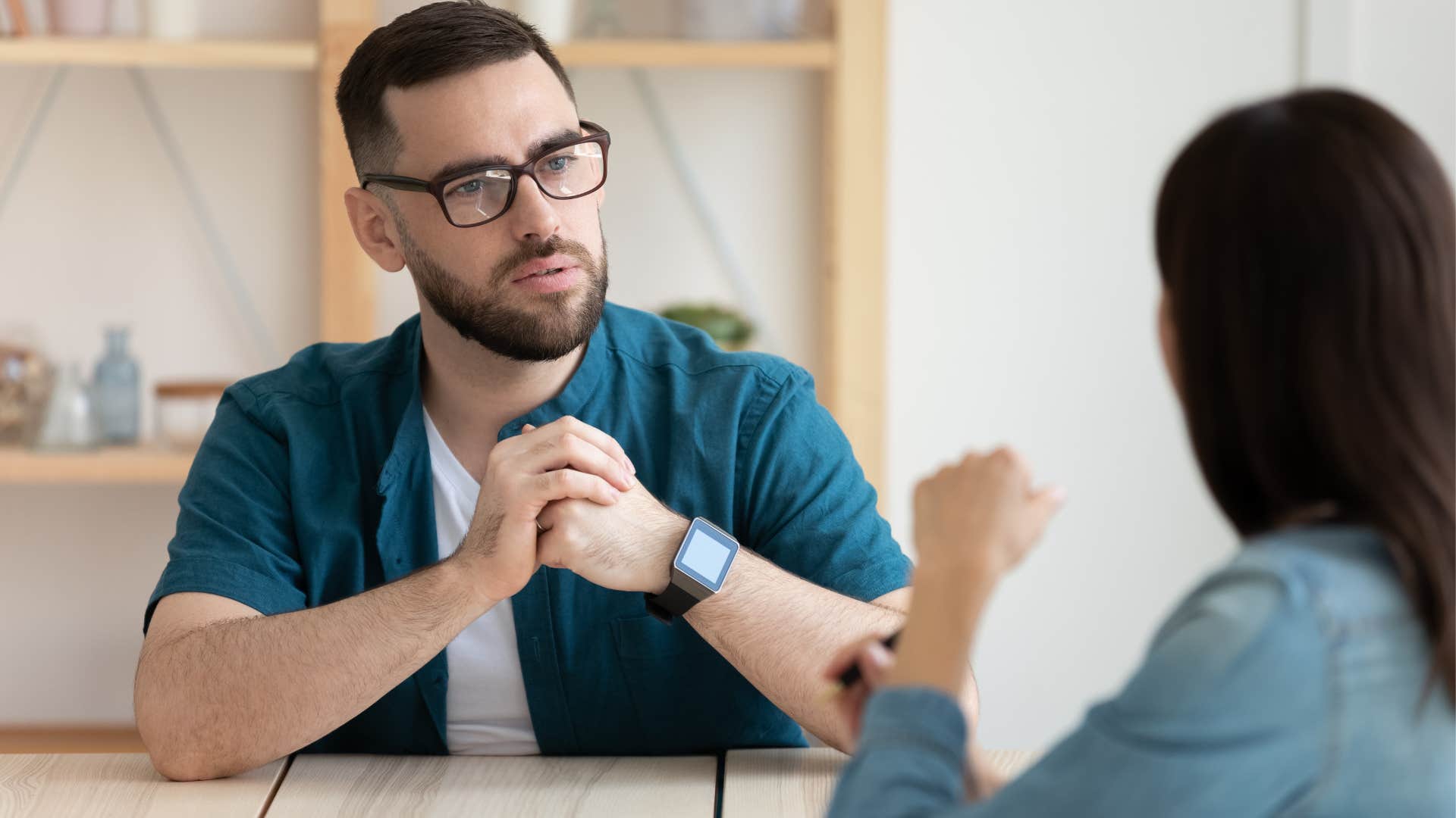 A man tells a woman he appreciates her sharing how she feels with him.