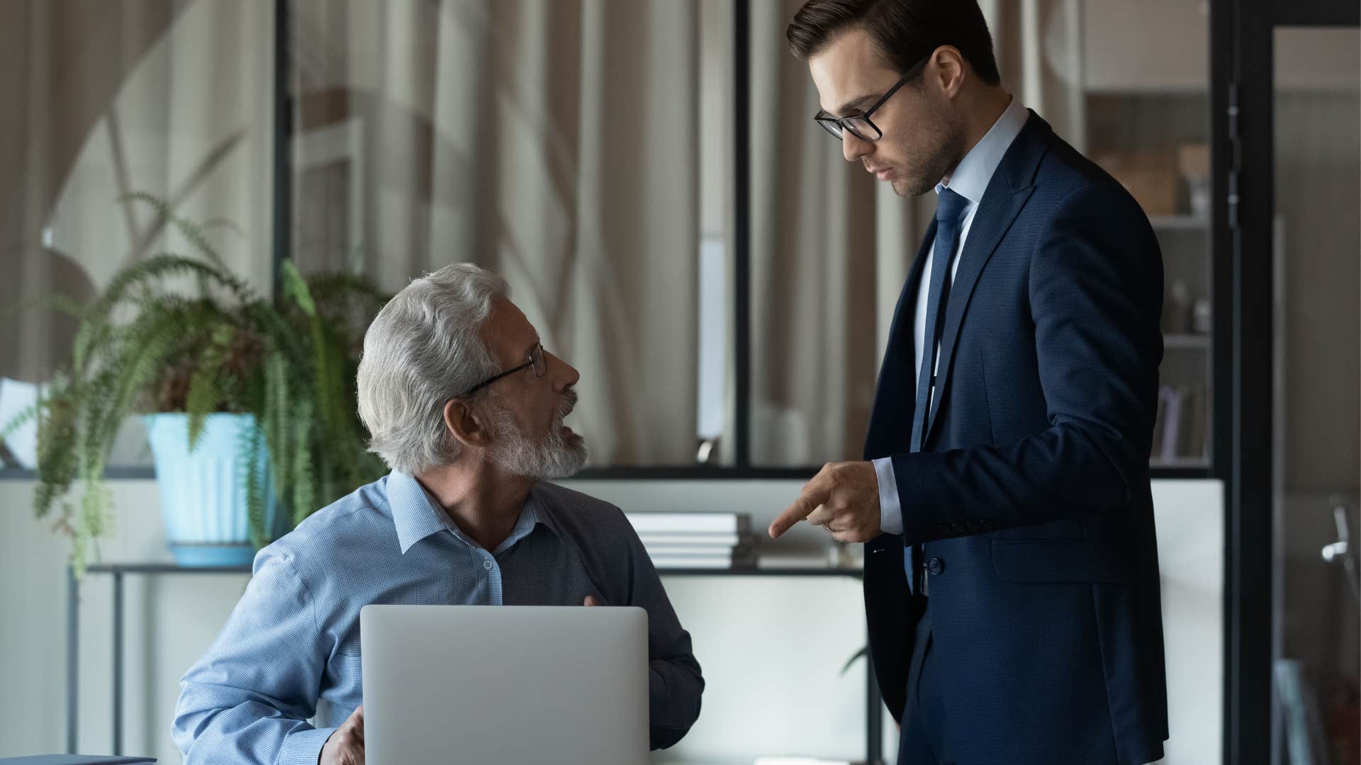 An elderly man tells his younger boss that he would feel the same in his shoes.